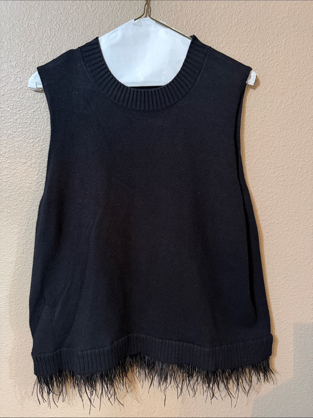 Classic Black Feather-Hem Sleeveless Sweater
